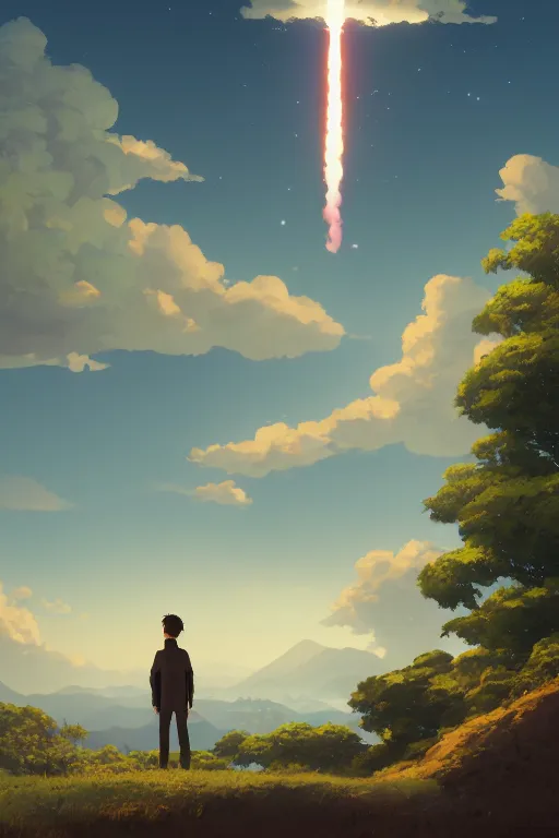 Prompt: a highly detailed matte painting of a man on a hill watching a rocket launch in the distance by studio ghibli, makoto shinkai, by artgerm, by wlop, by greg rutkowski, volumetric lighting, octane render, 4 k resolution, trending on artstation, masterpiece