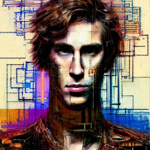 Prompt: hyperrealistic portrait of a cyberpunk cody fern with chest length long brown hair, by Guy Denning, Johannes Itten, Russ Mills, glitch art, hacking effects, glitch effects, digital tech effects, cybernetics, detailed lines, chromatic, color blocking!, oil on canvas, front view, front facing, highly detailed, symmetrical, octane, concept art, abstract, blue and black, 8k, cinematic, trending on artstation