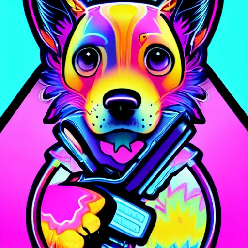 Image similar to portrait of a puppy with UV neon fur holding a gun, in style of Lisa Frank, Artgerm, WLOP, featured on Artstation, deviantart