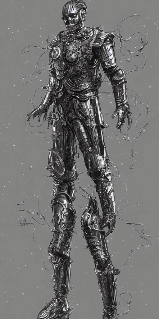 Image similar to powerful male tin man, willem dafoe as tinman, full body character concept, covered in full metal armor, art nouveau, super powers, fantasy, intricate, elegant, highly detailed, digital painting, artstation, concept art, shining, sharp focus, illustration, art by stanley lau