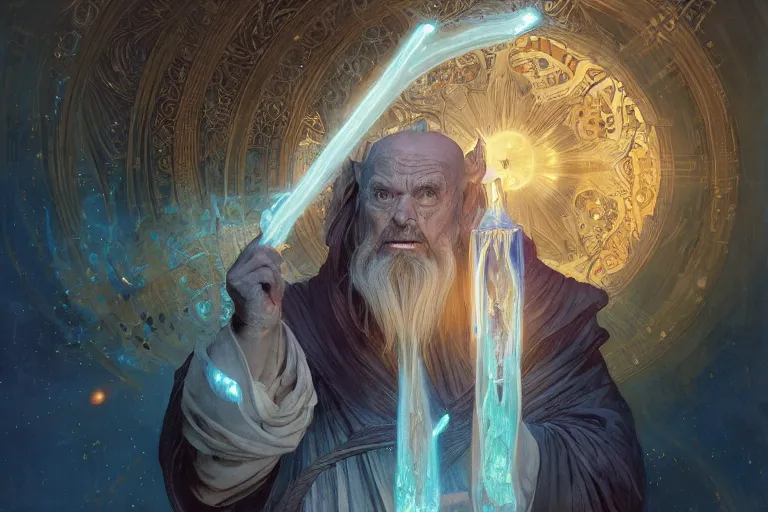 Prompt: a portrait of a wise wizard with a staff glowing with bioluminescence, highly detailed, digital painting, cinematic, hyper realism, dark retrowave, art by Stanley Lau and Artgerm and magali villeneuve and Alphonse Mucha, in a library by greg rutkowski and frank frazetta and peter mohrbacher and william blake, artstation, octane render, cgsociety