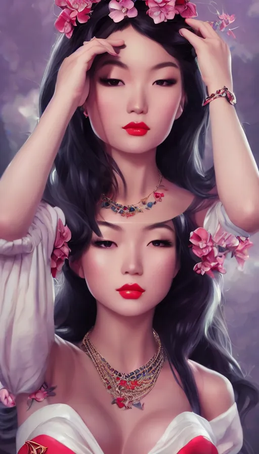 Prompt: a pin up and beautiful fashion and charming and dreamlke asian girl with lv jewelry, medium shot, art by artgerm & ross tran & wlop, hyperdetailed, 8 k realistic, symmetrical, frostbite 3 engine, cryengine, dof, trending on artstation, digital art