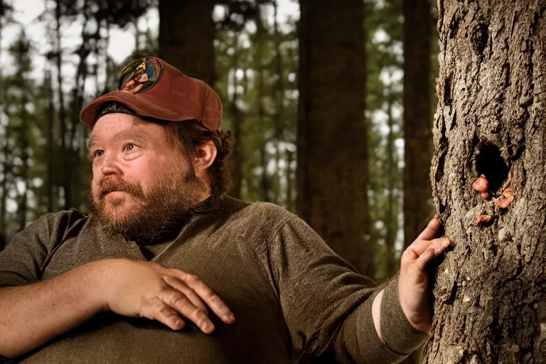 Image similar to movie scene portrait closeup, real life team of chubby elves building a tiny house in the forest natural lighting by emmanuel lubezki