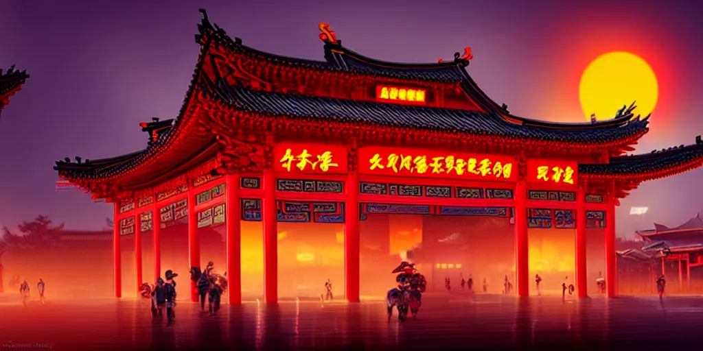 Image similar to chinese temple architecture with cyberpunk neon signs, orange sky, japanese town, cinematic view, concept art, high detail, well lit, volumetric, godrays, vivid, sunrise, trending on artstation, by jordan grimmer, art greg rutkowski