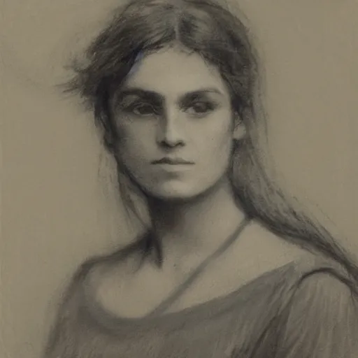 Image similar to portrait of a action heroine, by alfred stevens in charcoal