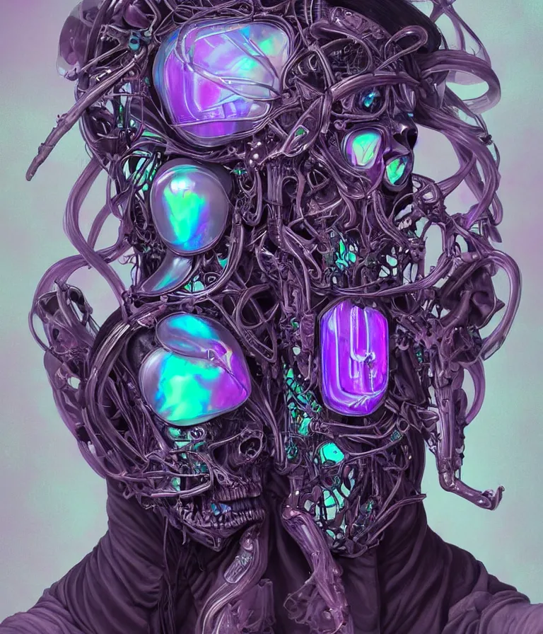 Image similar to fully symmetrical centered iridescent portrait of a beautiful princess of death in robe. skulls artificial muscles, ribcage, bones, hard surface modelling. cyberpunk look. biomechanical mask. bio luminescent biomechanical halo around head. neon jellyfish. artwork by jarold Sng by artgerm, by Eddie Mendoza, by Peter mohrbacher by tooth wu, unreal engine, octane render, cinematic light, high details, iridescent colors, dichroic, macro, depth of field, blur