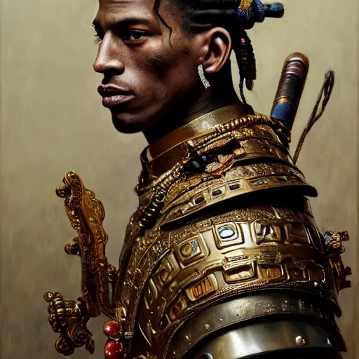 Prompt: highly detailed oil painting | very intricate | cinematic lighting | award - winning | travis scott as the mayan samurai in full armor | by roberto ferri, by tom bagshaw, by j. c. leyendecker and klimt, beautiful cinematic light, american romanticism, by austin osman spare, artstation, cgsociety, official art, octane