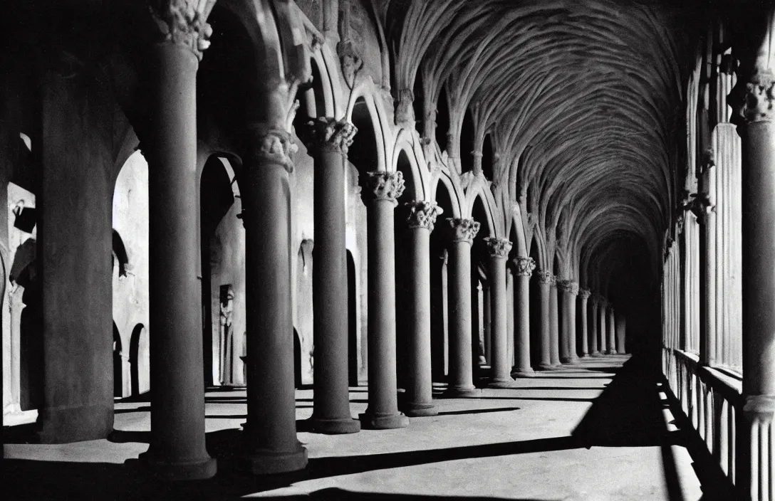 Image similar to cloister quadrangle vertiginous intact flawless ambrotype from 4 k criterion collection remastered cinematography gory horror film, ominous lighting, evil theme wow photo realistic postprocessing sinister knights reversible literal illusion photograph by ansel adams