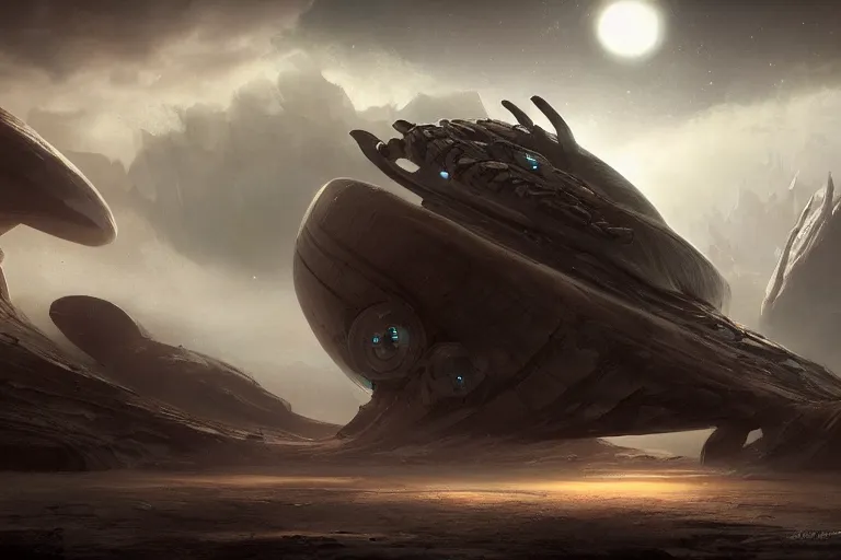 Image similar to spaceship lands on the face of a foreign alien planet, foreboding, dangerous, dark, scary, brooding amazing concept painting by Jessica Rossier and HR Giger