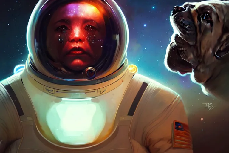 Image similar to portrait of a futuristic bulldog in a spacesuit, a nebula supernova in space, portrait, intricate, digital painting, artstation, concept art, smooth, sharp focus, illustration, cinematic lighting, art by artgerm and greg rutkowski and alphonse mucha