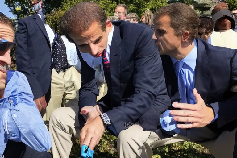 Image similar to hunter biden smoking crack pipe. wide angle view