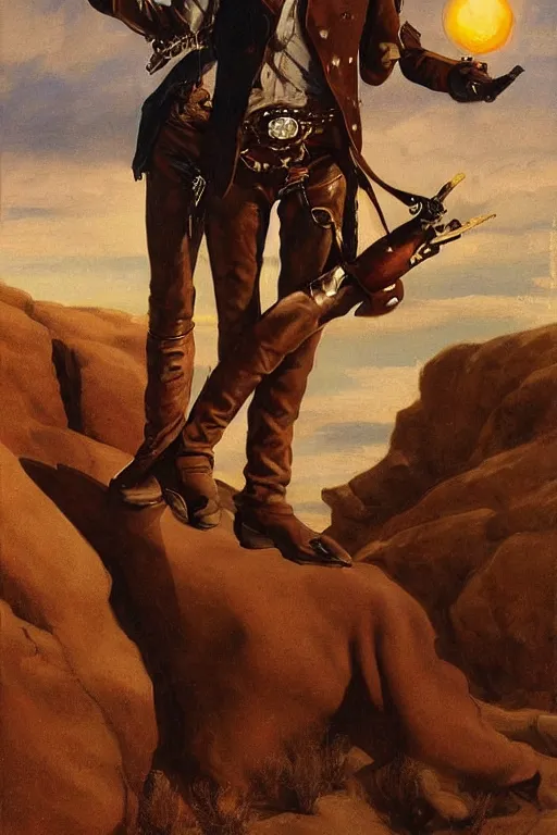 Prompt: an dramatic homoerotic painting of a handsome shirtless cowboy holding revolvers | he is wearing bandoliers, a harness, and leather pants | red desert mesa background at twilight, ground littered with bullet casings | by bill ward, by tom of finland, by clyde aspevig, by thomas moran | trending on artstation