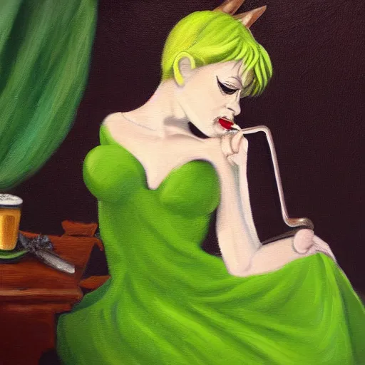 Prompt: detailed oil painting of gothic Tinkerbell in short green dress hungover drinking coffee