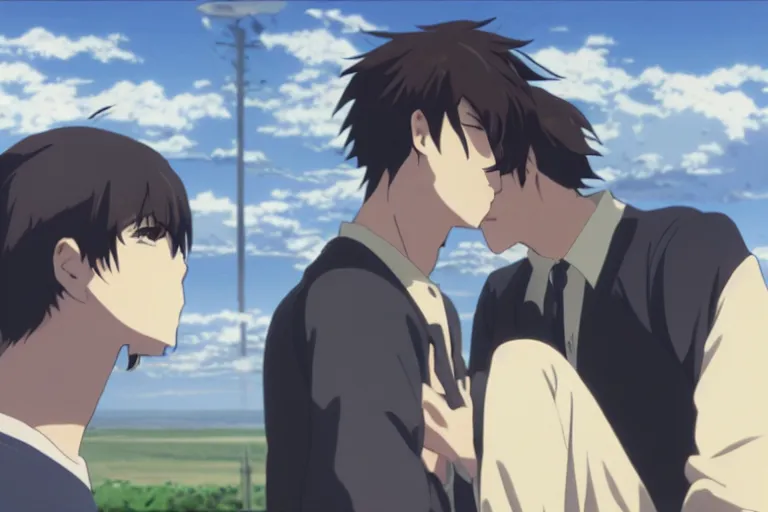 Image similar to Two anime handsome men are kissing, Makoto Shinkai