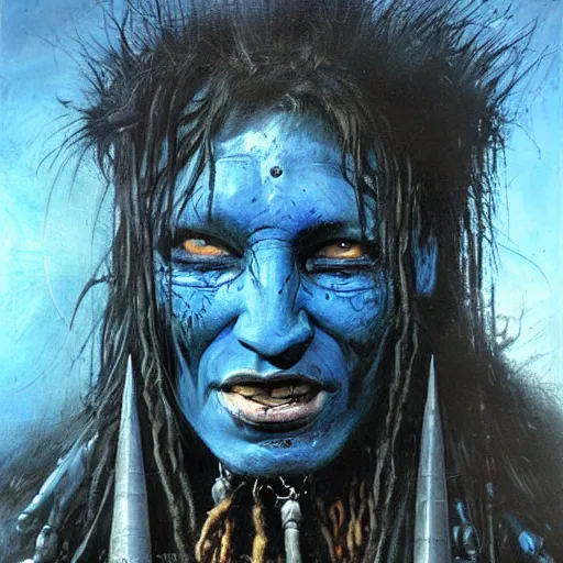 Prompt: art by simon bisley, primitive shaman warrior, atmospheric lighting, painted, intricate, blue and grey hour, ultra detailed