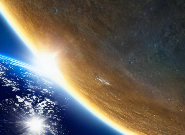 Image similar to nasa satellite still of a disk shaped earth with mountains peaking out of the clouds, sun behind it lens flares, 8 k