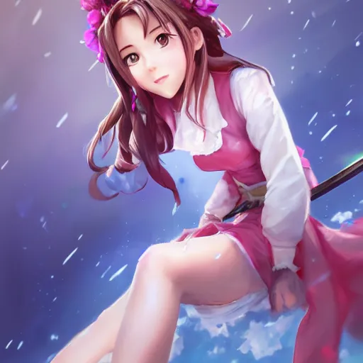 Image similar to head to toe shot of aerith gainsborough by WLOP, rossdraws, Logan Cure, Mingchen Shen, BangkuART, sakimichan, yan gisuka, JeonSeok Lee, zeronis, Chengwei Pan on artstation