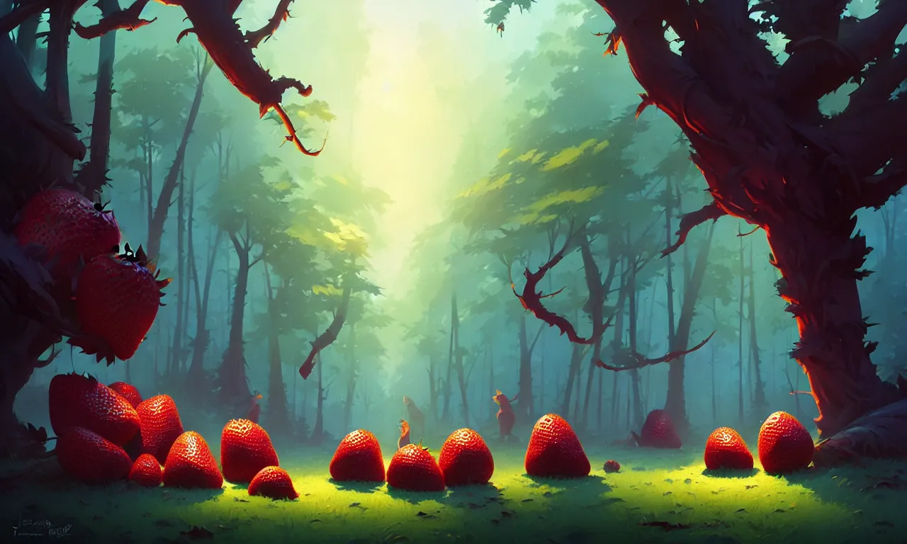 Image similar to Dark forest large strawberries, behance hd by Jesper Ejsing, by RHADS, Makoto Shinkai and Lois van baarle, ilya kuvshinov, rossdraws global illumination