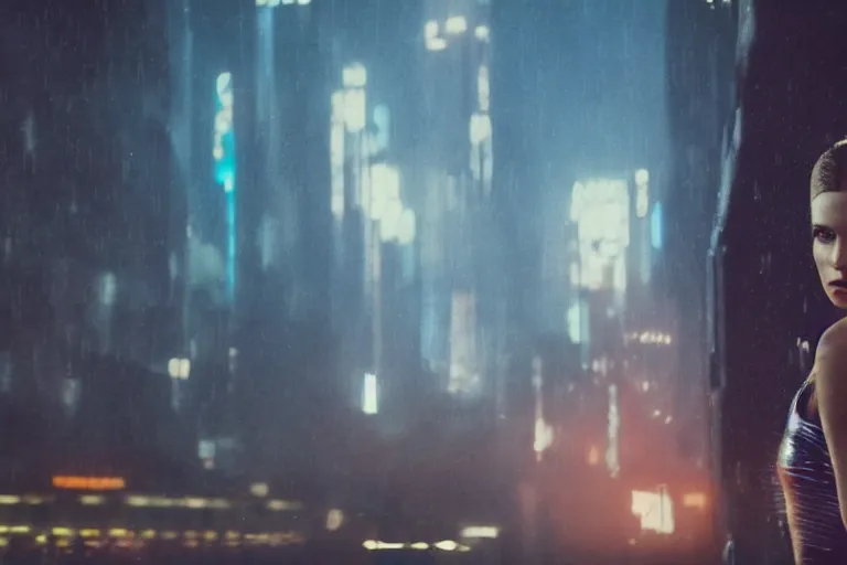 Image similar to 8 k hyper realistic close range night shot of blade runner 2 0 4 7 with adriana chechik as a hologram from a digital signage, transparent skin with imperfections, very small lips, blue suit. long blonde hair flowing in the wind. urban landscape in the background. lenses 5 0 mm