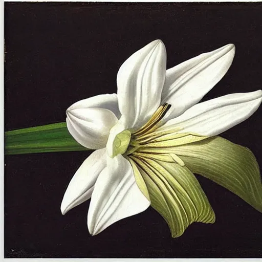 Image similar to a still life painting of a skill with diamonds in its eyes surrounded by white lilies all in front of a dark shadowy background by francisco de zurbaran