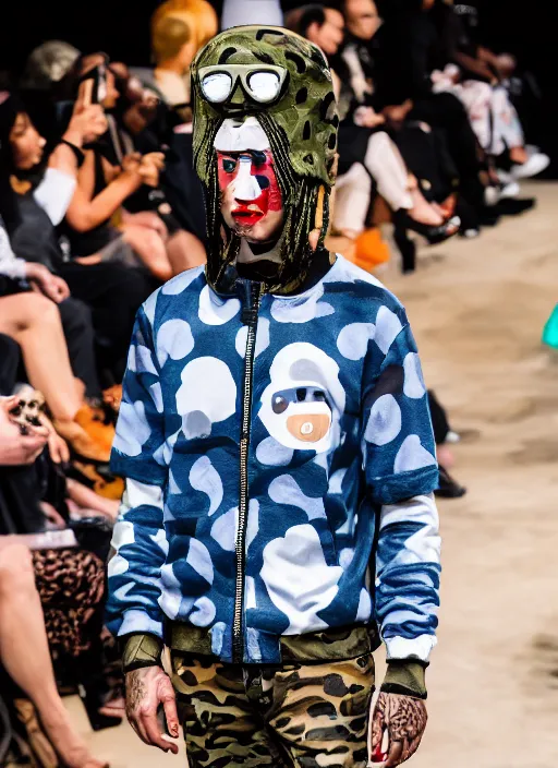 Image similar to hyperrealistic and heavy detailed bape avant garde runway show of korbin dallas the fifth element, leica sl 2 5 0 mm, vivid color, high quality, high textured, real life