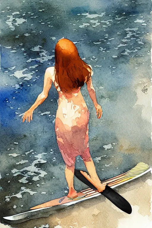 Prompt: watercolor painting of a woman on the sup, looking down at water on her hands and feet, in the style of the birds of america illustrated by marc simonetti.