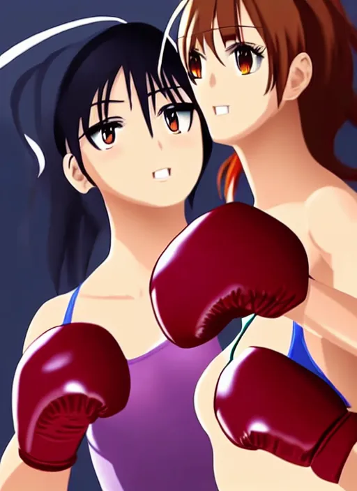 Image similar to two beautiful female boxers facing each other, dim lighting, gorgeous features, smooth, detailed anime art