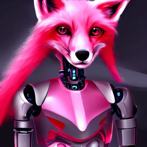 Image similar to digital art artstation, pixiv, portrait of a robotic fox with cybernetic body with pink hair, character fursona furry, furaffinity