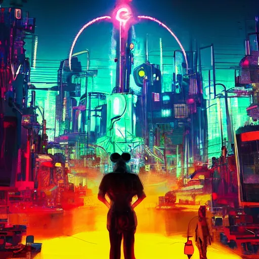 Image similar to a group of people standing around a giant one eyed mickey mouse, cyberpunk art by david lachapelle, cgsociety, sots art, dystopian art by industrial light and magic, concept art, neons, interior, in the style of beeple