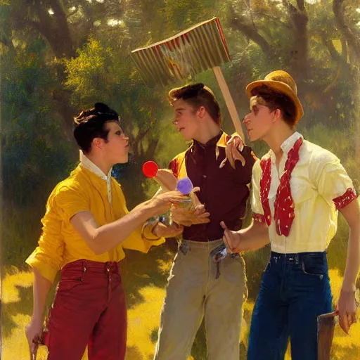 Image similar to three male teens wearing rockabilly outfits and eating yellow popsicles while looking around by gaston bussiere, craig mullins, j. c. leyendecker 8 k