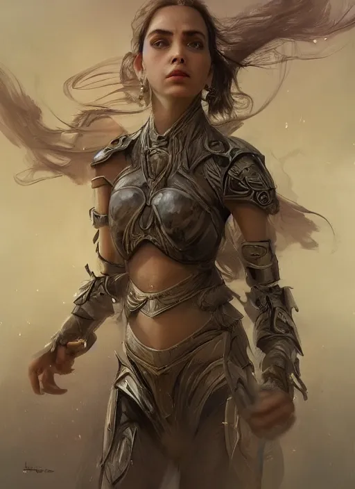 Image similar to a professional portrait of a beautiful young female, clothed in ethereal battle armor, olive skin, long dark hair, beautiful bone structure, symmetrical facial features, intricate, elegant, digital painting, concept art, smooth, sharp focus, finely detailed, illustration, from Valerian and the City of a Thousand Planets, in the style of Ruan Jia and Mandy Jurgens and Artgerm and Greg Rutkowski and William-Adolphe Bouguerea