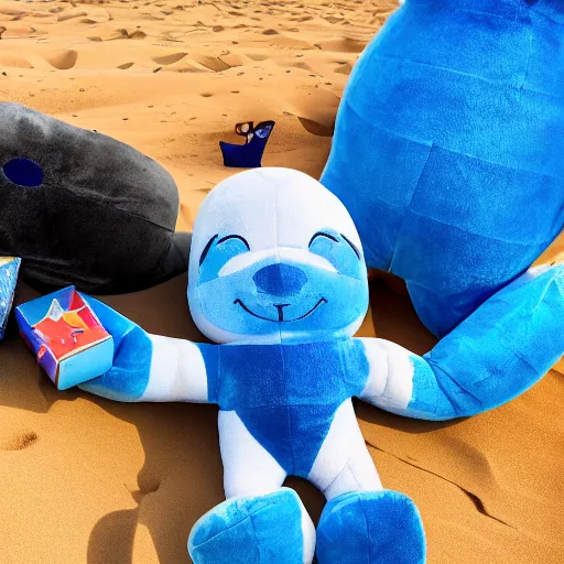 Image similar to blue'snappy gifts'logo human - sized plush doll, looking at the camera, in the desert, holding gift, happy atmosphere, high detail, 8 k