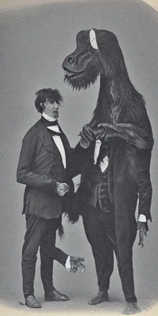 Prompt: tall t rex with long arms, shaking hands. Business men. anamorphic, strange, black and white, photograph, 1850s