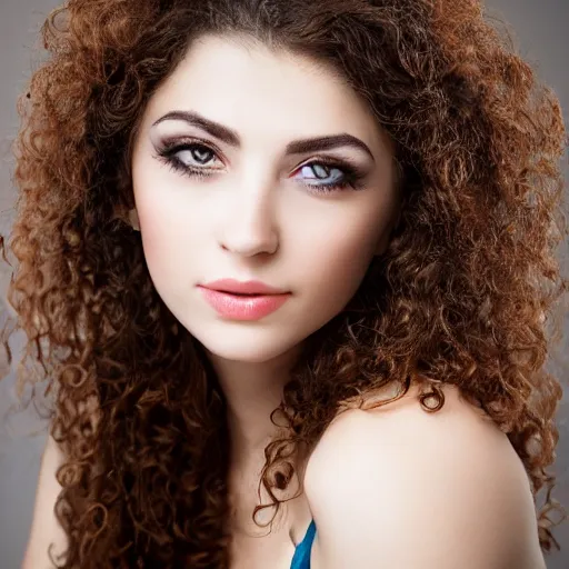 Image similar to studio portrait of a beautiful jewish woman, photograph, beautiful face, highly detailed face, perfect face