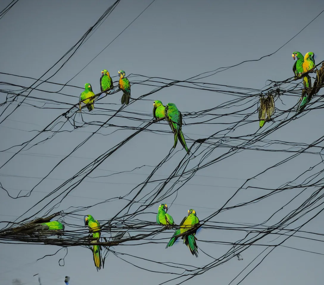 Prompt: a 3 5 mm photography at night, camera with strong flash on, of a lot of green parrots on the power lines