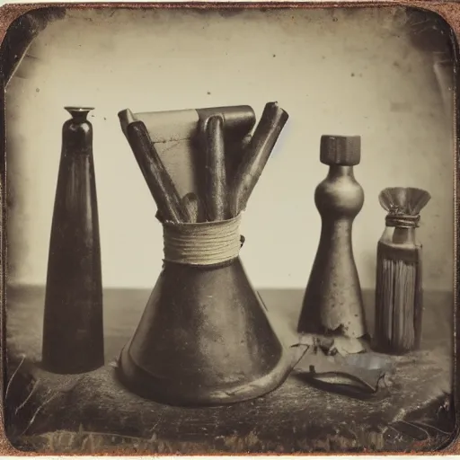 Image similar to Tintype photograph of primitive objects displayed in an ethnographic museum, archive material, anthropology, 1920s studio lighting.