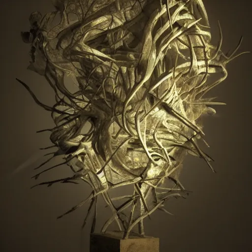 Image similar to rhizomuse, artists impression, cgsociety, abstract sculpture, dramatic intense lighting, deep shadows