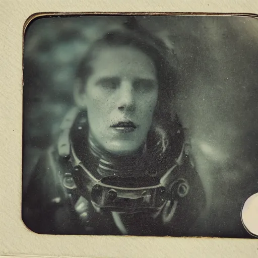 Image similar to tintype photo, swimming deep underwater, alien face