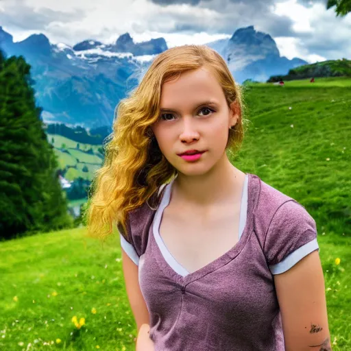 Image similar to a beautiful photograph of a girl with switzerland landscape in the background with trees, hdr, 8 k, high quality, sharp focus, artstation, highly detailed, award - winning, dramatic lighting, beautiful clouds, and nature