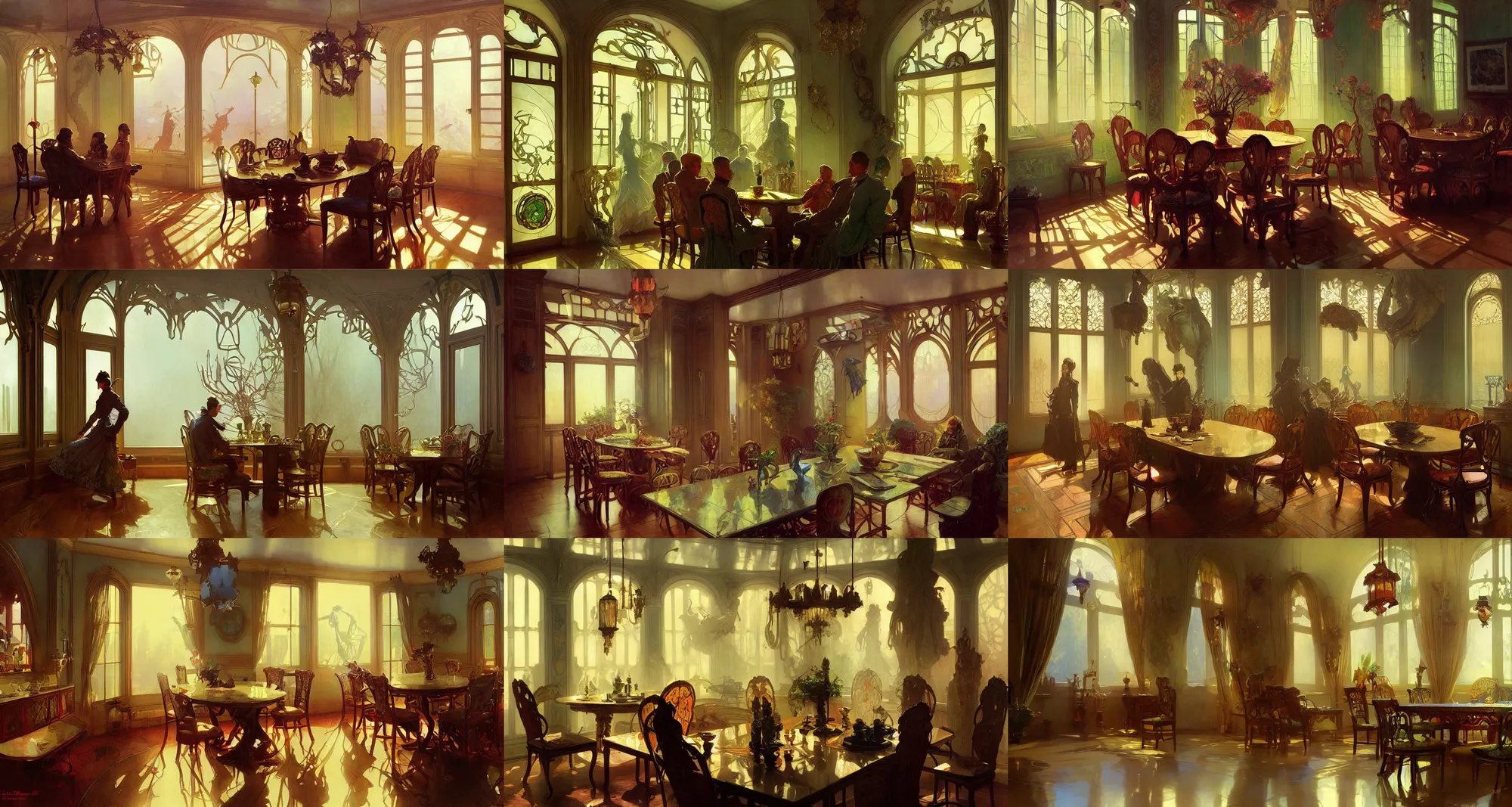 Prompt: home dinner room, art nouveau architecture, fantasy, art by joseph leyendecker, ivan aivazovsky, ruan jia, reza afshar, marc simonetti, alphonse mucha