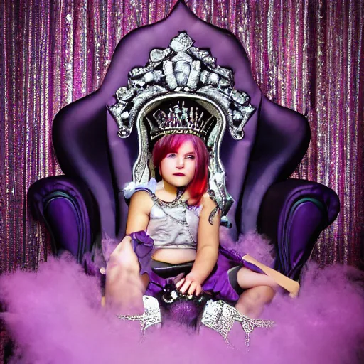Image similar to A 4k photo of young evil princess with purple hair wearing a diamond crown, sitting in a throne in a dark room.