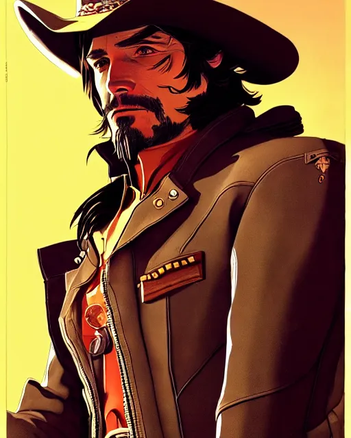 Image similar to mccree from overwatch, space cowboy, character portrait, portrait, close up, concept art, intricate details, highly detailed, vintage sci - fi poster, retro future, in the style of chris foss, rodger dean, moebius, michael whelan, and gustave dore