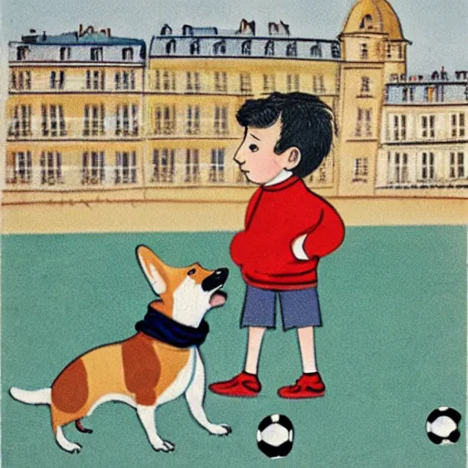 Image similar to book illustration of a french boy on the streets of paris playing football against a corgi, the dog is wearing a polka dot scarf, 1 9 6 6