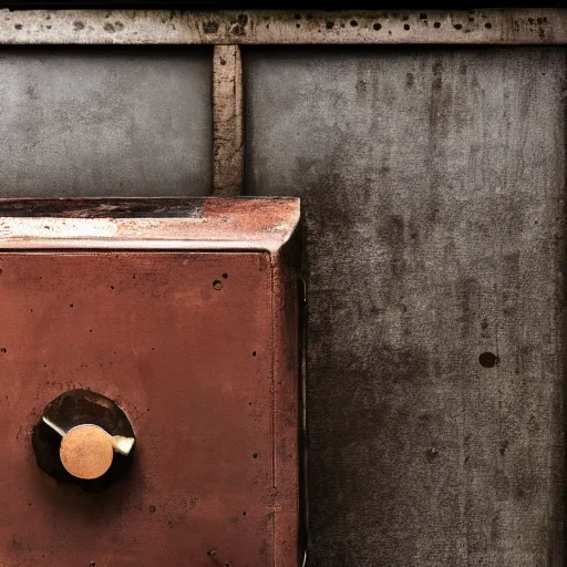 Image similar to A still life of a safe on the wooden ground, wood panels, metalic, (((rusty)))