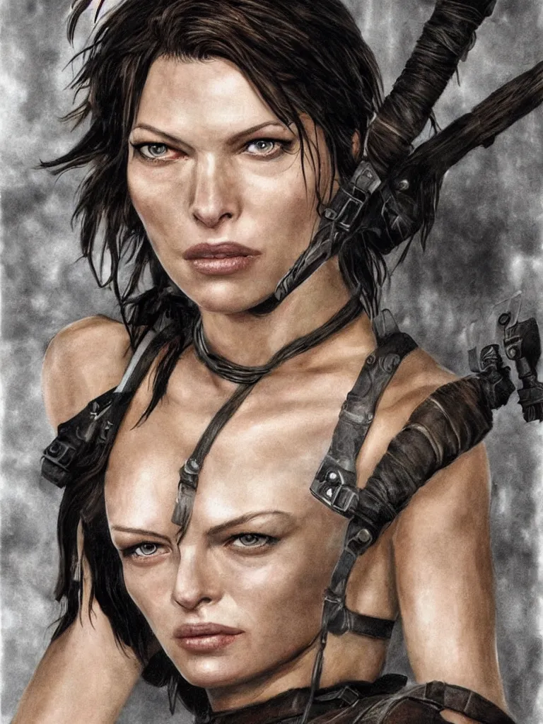 Prompt: close up potrait of Mila Jovovich face as tomb raider