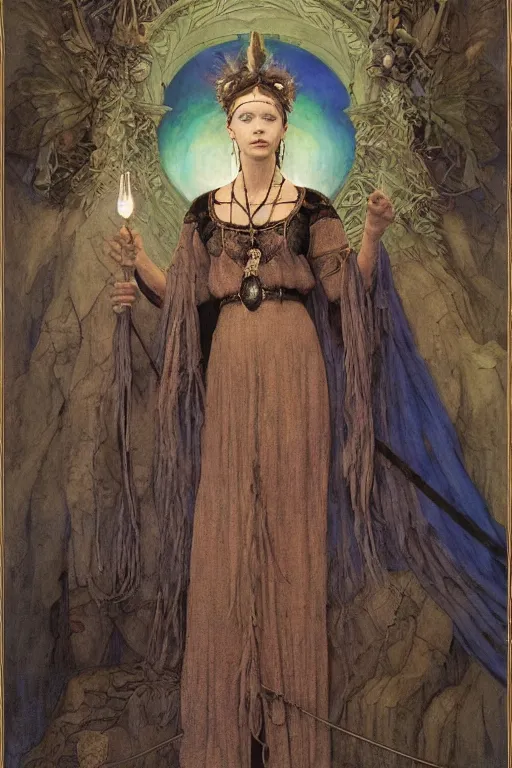 Image similar to portrait of the last goth witch of the dawn mountains with her lantern and regalia, by Annie Swynnerton and Nicholas Roerich and John Bauer and John William Godward and Donato Giancola and Vermeer, embroidered velvet, iridescent beetles, rich color, ornate headdress, flowing robes, lost runes, ancient civilizations, dramatic cinematic lighting, featured on Artstation, extremely detailed