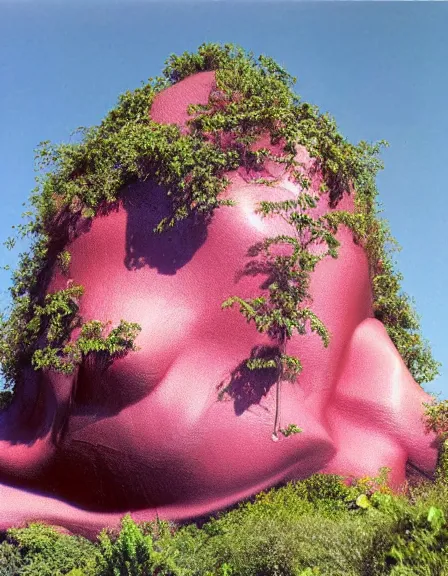 Image similar to vintage color photo of a giant 1 1 0 million years old abstract sculpture made of liquid pink gold covered by the jungle vines