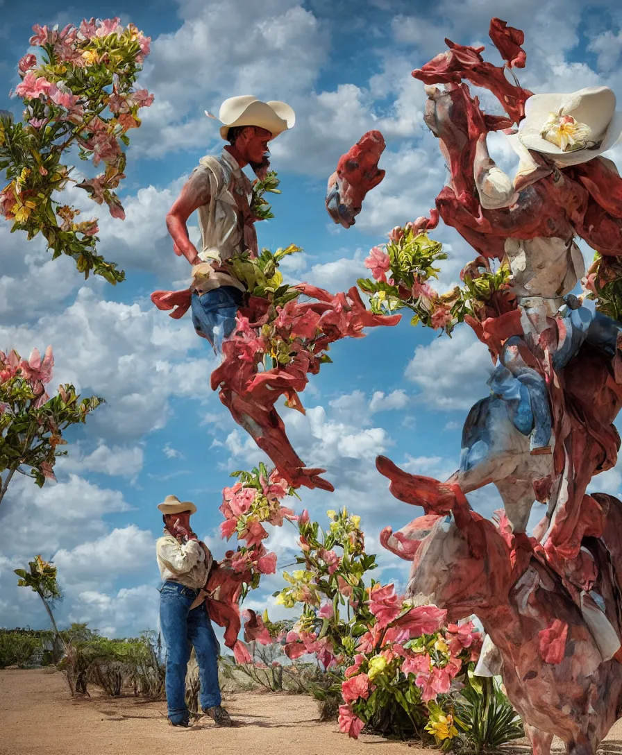 Prompt: a cowboy turning into blooms by slim aarons, by zhang kechun, by lynda benglis. tropical sea slugs, angular sharp tractor tires. complementary bold colors. portait of a manly cowboy. warm soft volumetric dramatic light. national geographic. 8 k, rendered in octane, smooth gradients. angular sculpture by antonio canova by gian lorenzo bernini.