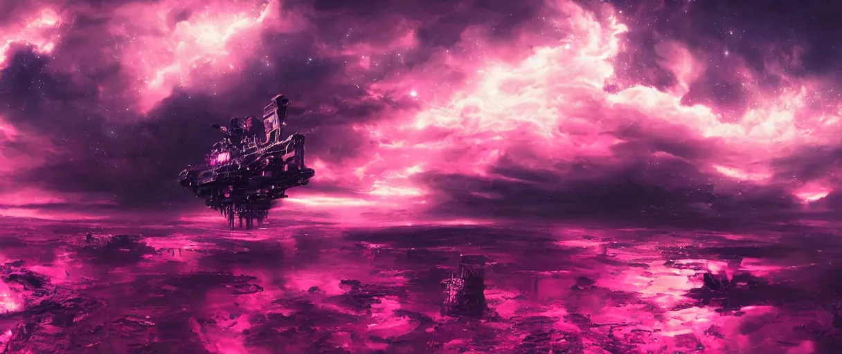 Prompt: space, mohawk, portrait big dark punk, hyperdetailed illustration, stars, pink, neon, oil painting, rich deep colors masterpiece, pirate neon ship, ultra detailed, contrast, heaven pink, clouds, volumetric light, atmospheric lighting, dramatic, cinematic, moody, octane render 4 k, 8 k