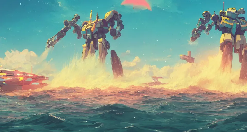 Prompt: A serene coast with a GIANT MECHA GUNDAM bright sunny waves splashing on the beach, rendered by simon stålenhag, rendered by Beeple, Makoto Shinkai, syd meade, environment concept, digital art, Gundam style, starwars, unreal engine, 3 point perspective, WLOP, trending on artstation, low level, 4K UHD image, octane render,